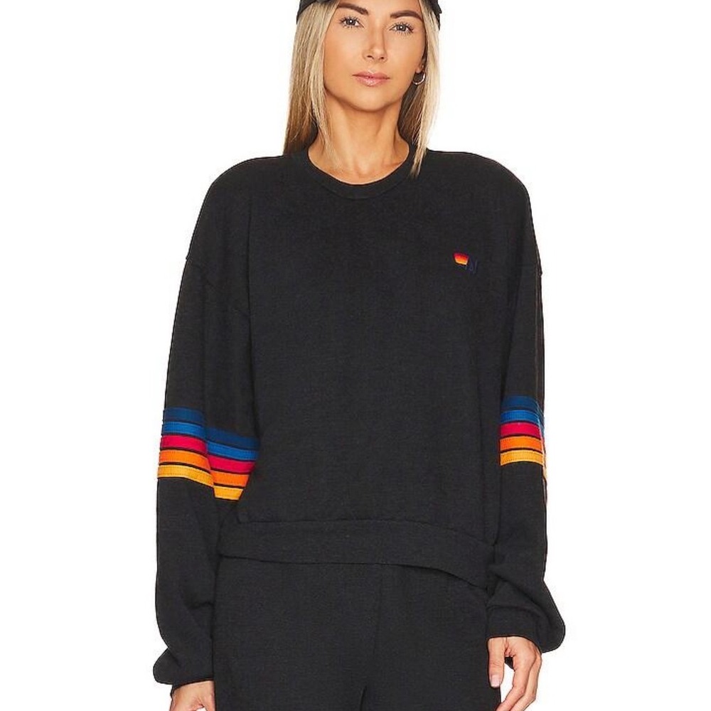 Aviator Nation 5 Stripe Crew Sweatshirt Black Rainbow Sleeve Stripes XS‎